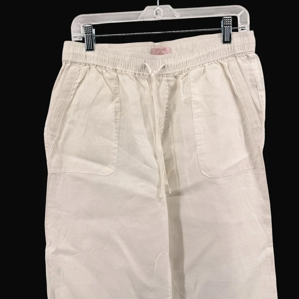 St. Tropez West Wide Leg Pants Womens Medium Pre-Owned White 100% Linen Coastal